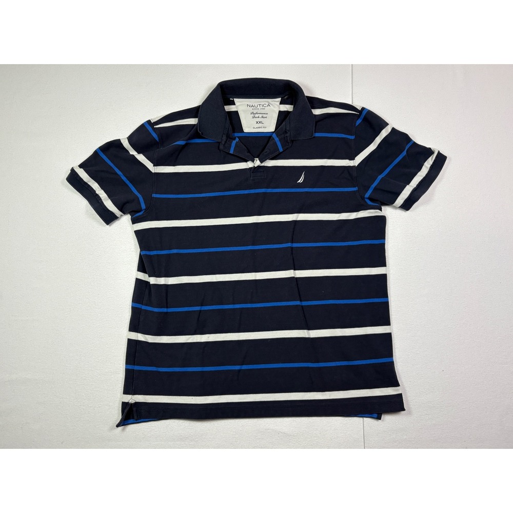 Nautica Mens XXL Performance Deck Shirt Classic Fit Striped Polo Navy Blue